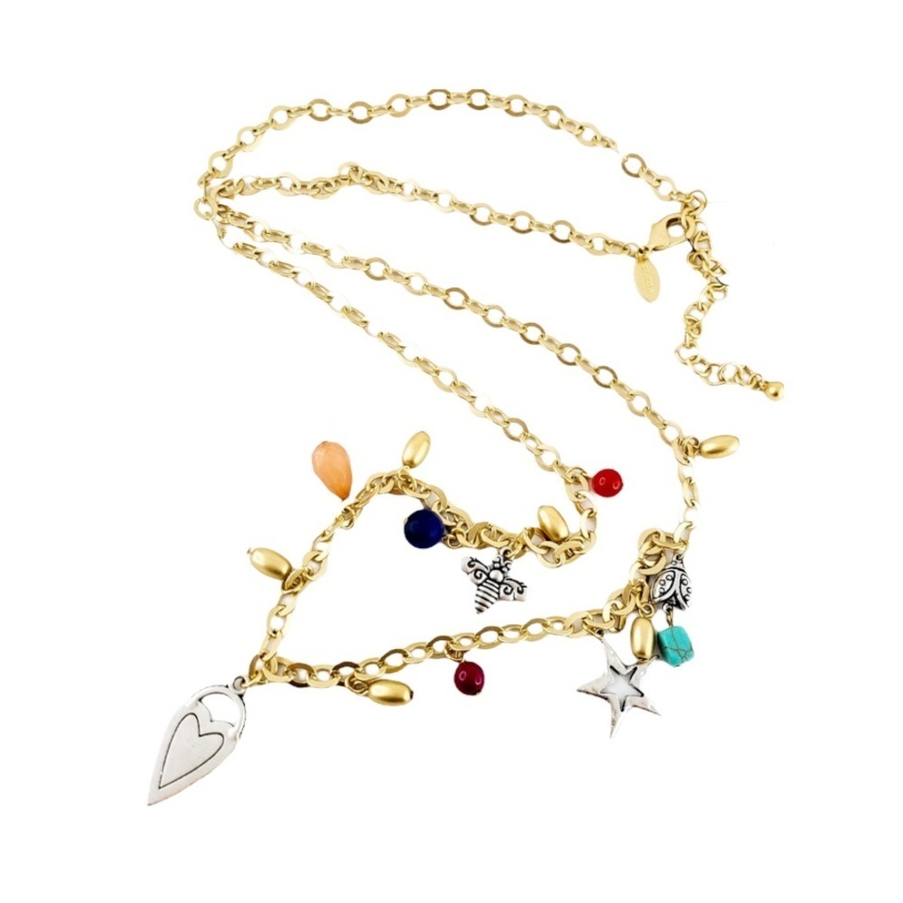 Gold Tone Chico's Layer‎ Necklace Charm Pendants Heart Bee Ladybug